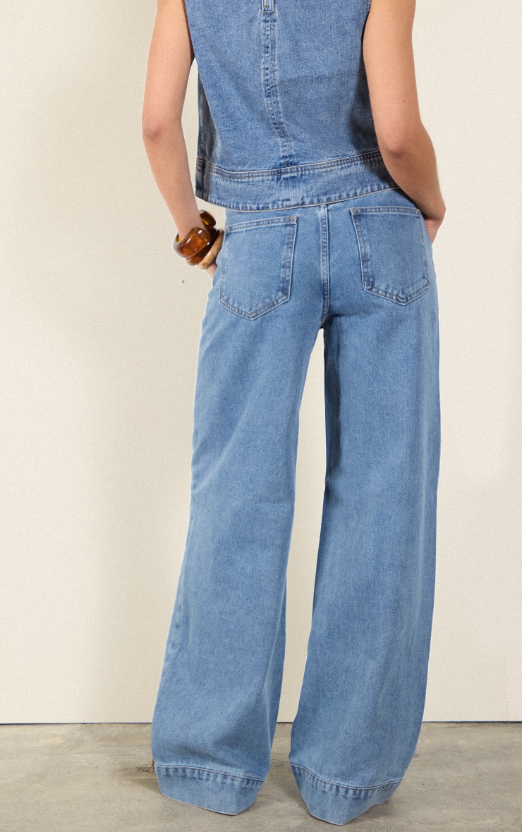 Mid Blue Wash Seam Detail Wide Leg Jeans image 3