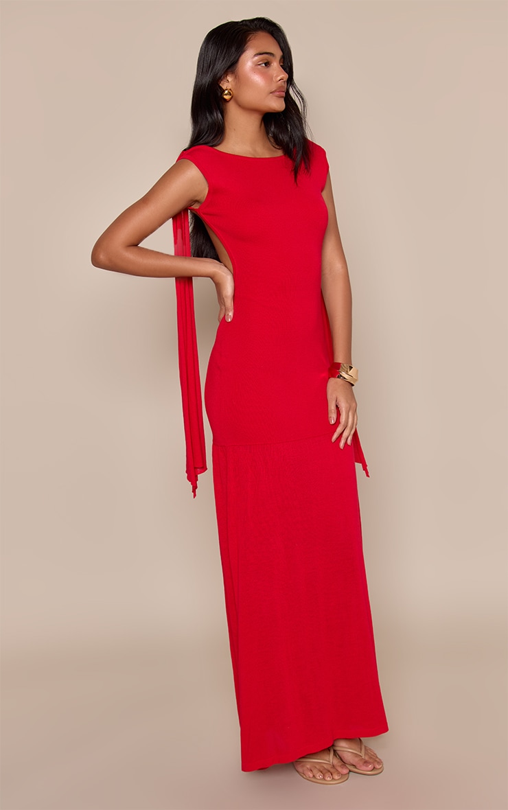 Red Sheer Panel Scarf Detail Knitted Maxi Dress