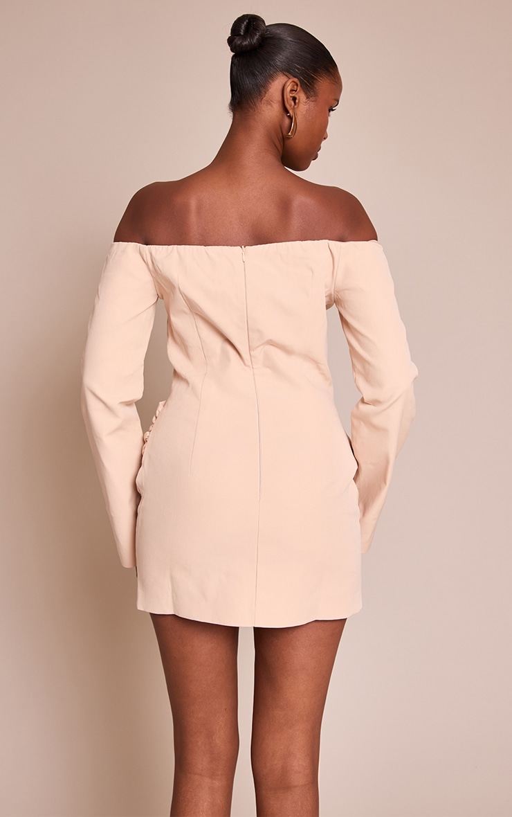 Cream Woven Belt Detail Long Sleeve Mini Dress image 2