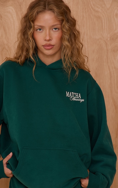 Hoodie pullover oversize en coton polaire vert imprimé "Matcha Mornings
