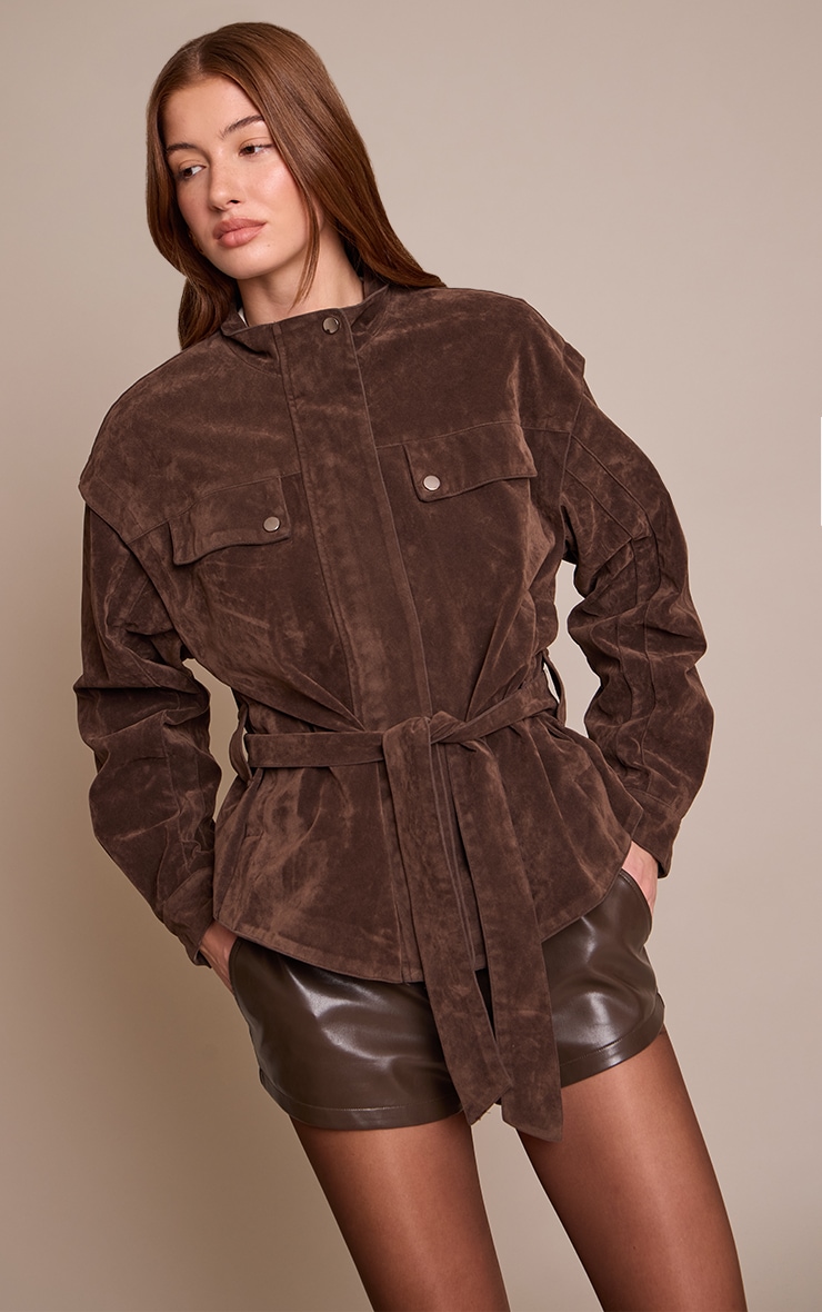 Chocolate Suede Belted Drop Waist Jacket image 1