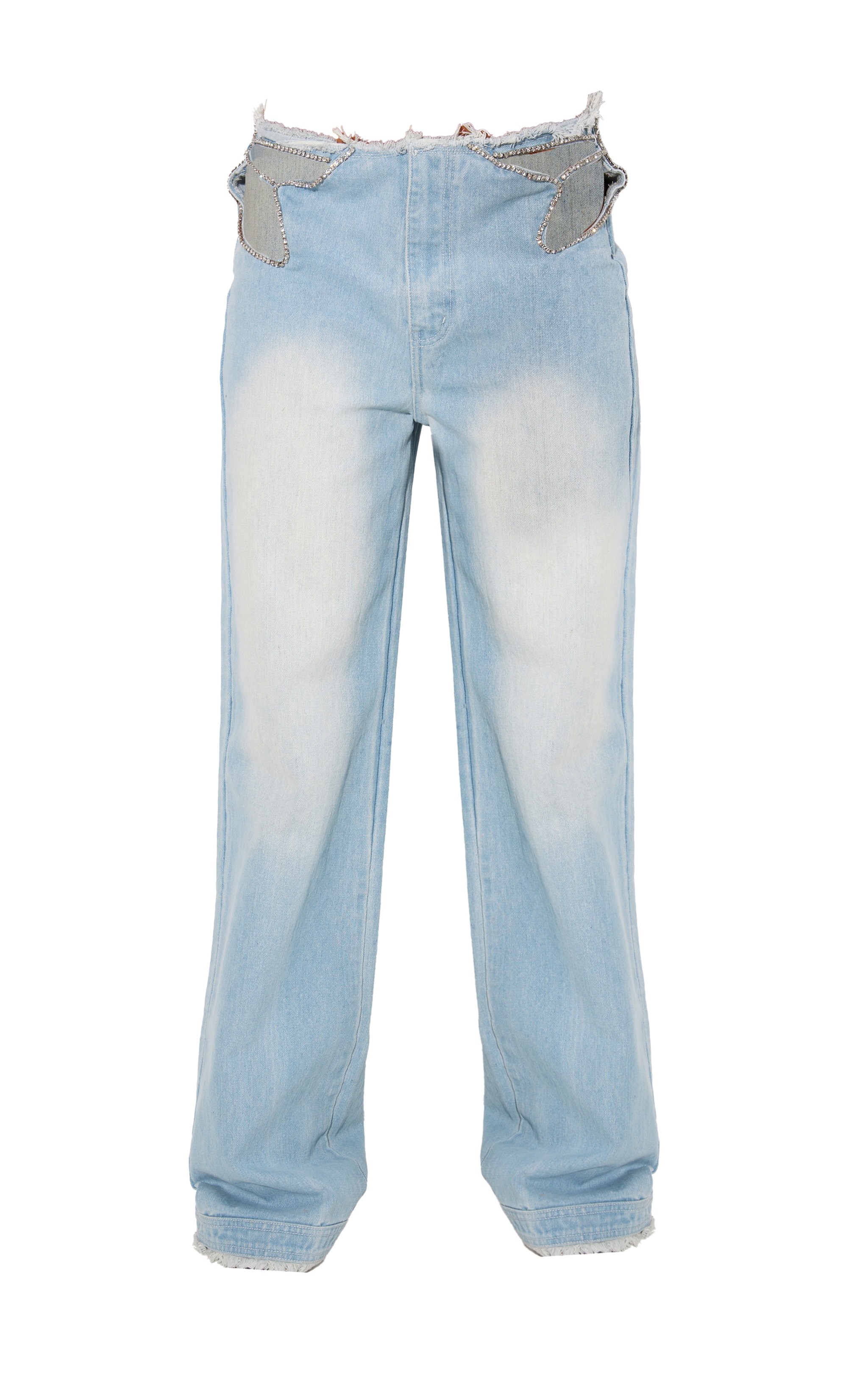Light Blue Wash Frayed Waist Diamante Pocket Straight Leg Jeans image 5