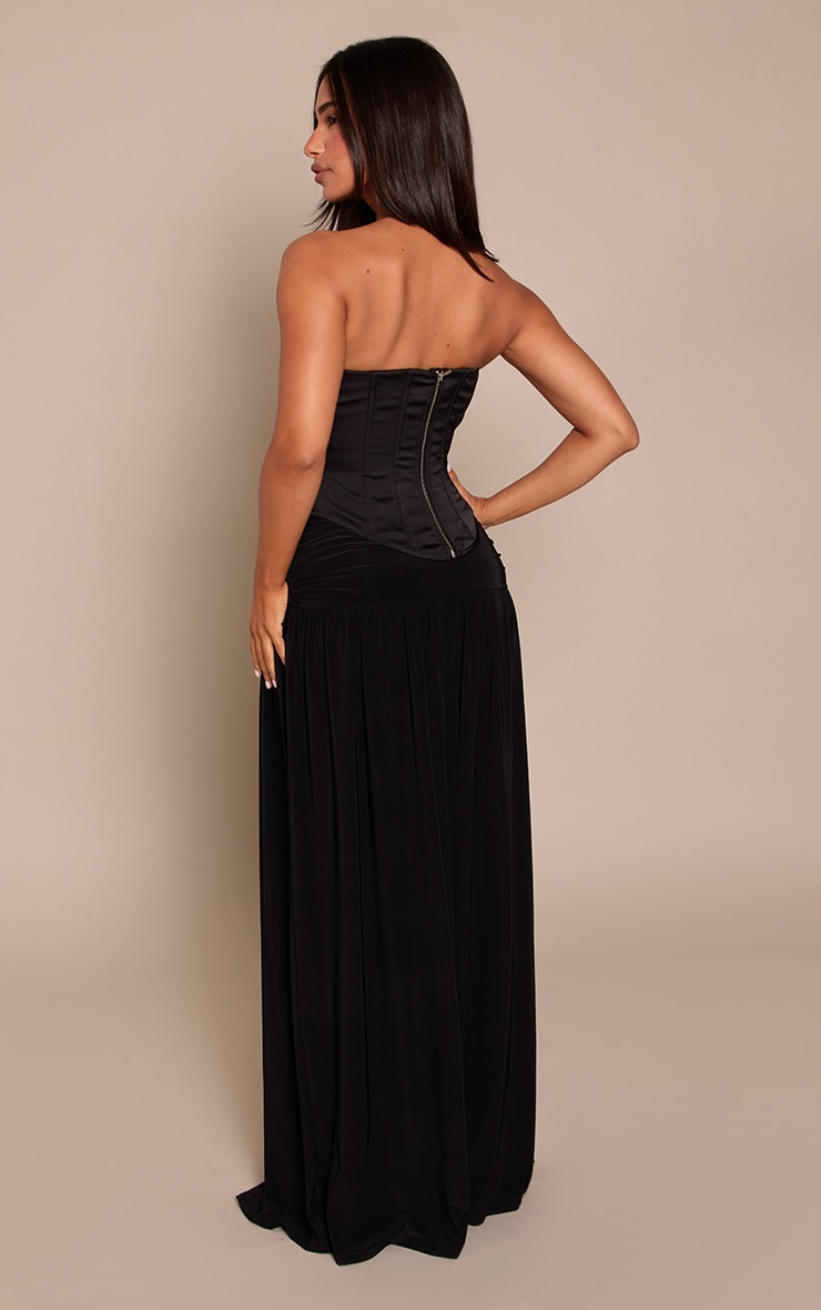 Petite Black Ruched Trim Detail Waist Slinky Flowy Maxi Skirt image 3