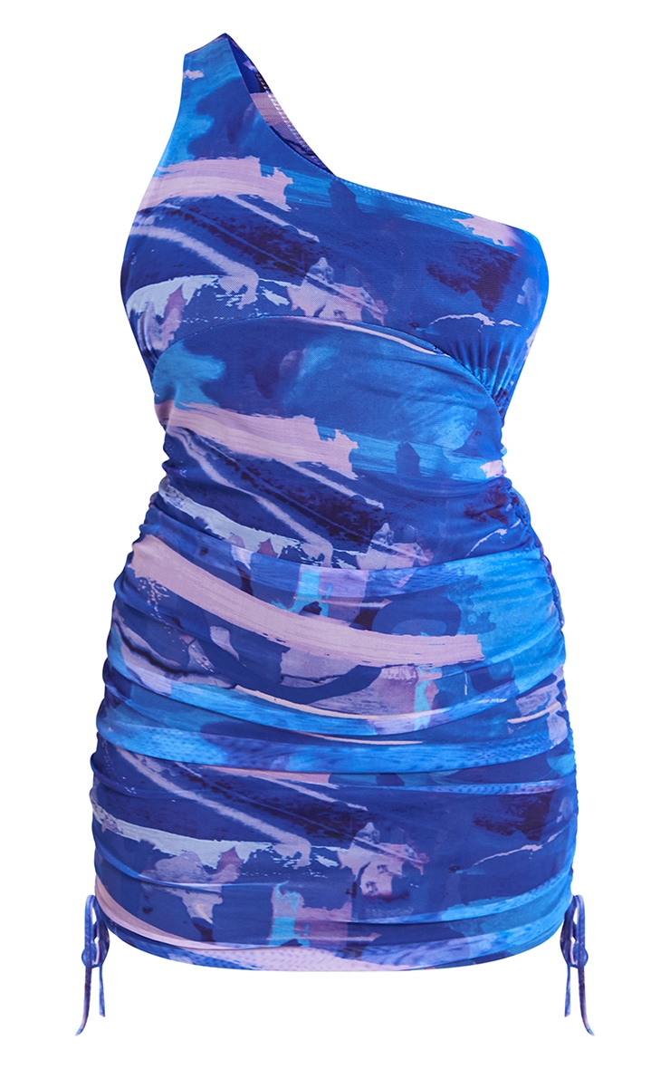 Blue Abstract Print Mesh One Shoulder Ruched Bodycon Dress image 5