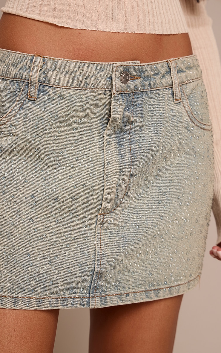 Vintage Wash Mid Rise Hotfix Micro Mini Denim Skirt image 5