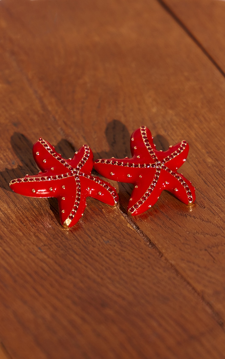 Red Beaded Starfish Detail Statement Earrings image 2