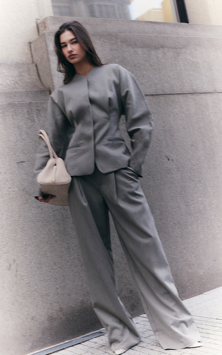 Grey Premium Woven Tailored Wide Leg Pleated Pants image 4