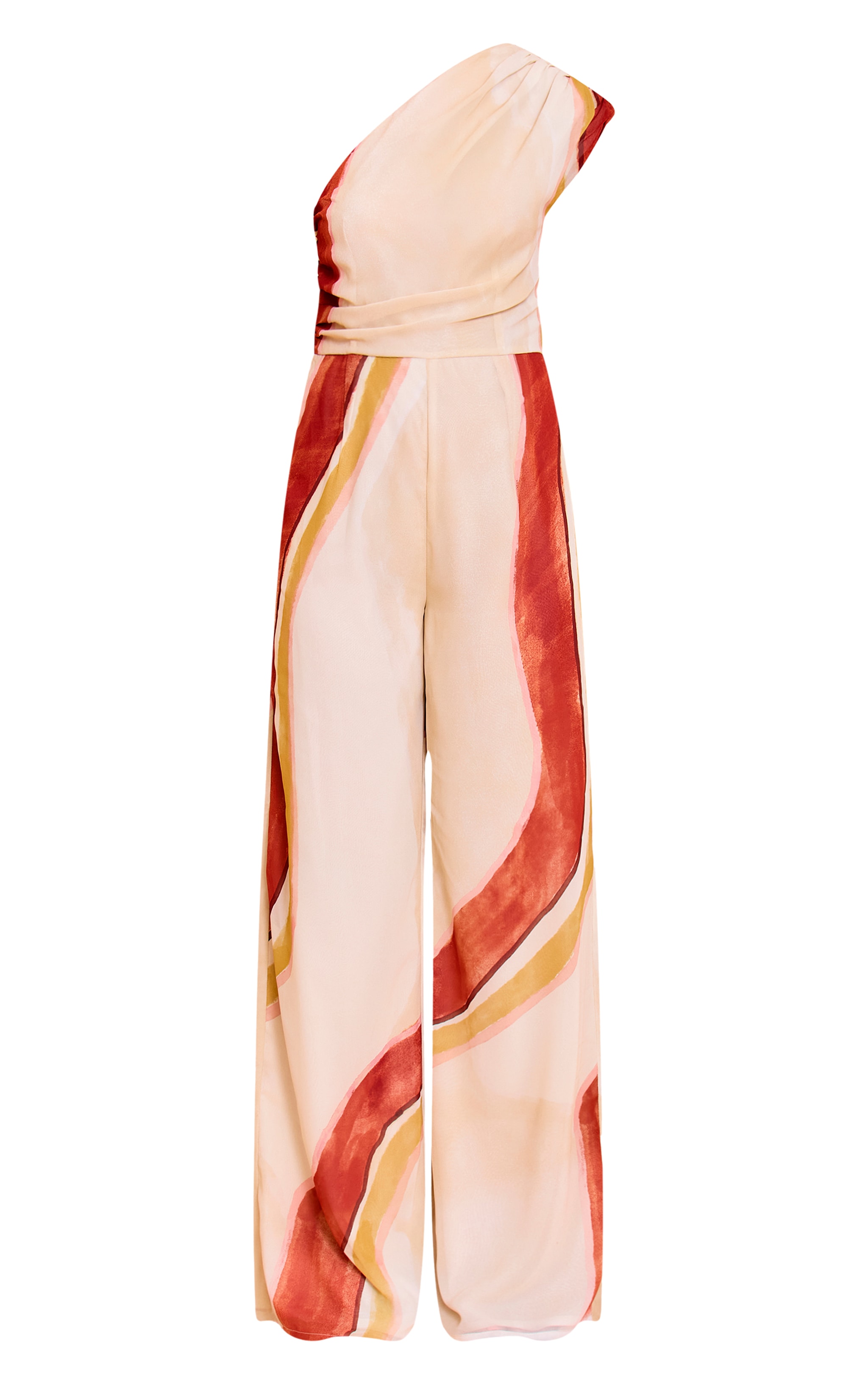 Cream Abstract Chiffon One Shoulder Ruched Jumpsuit image 5