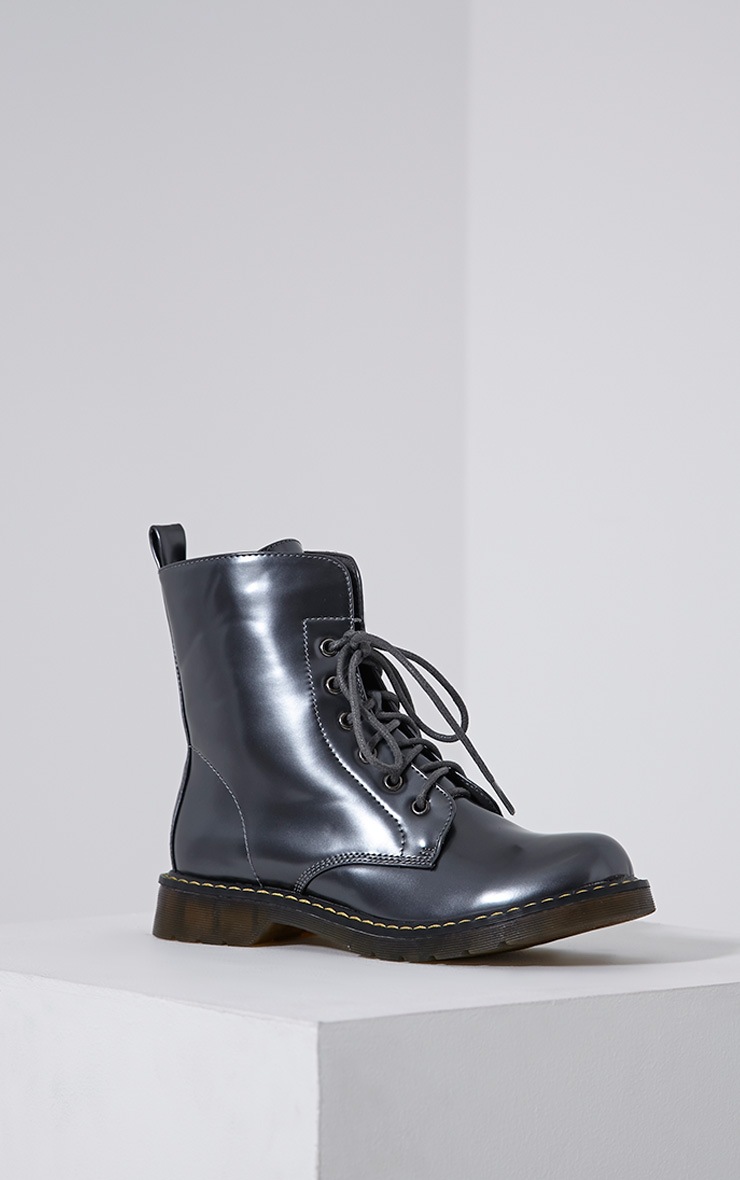 Eleni Grey Metallic Rubber Sole Lace Up Boots PrettyLittleThing