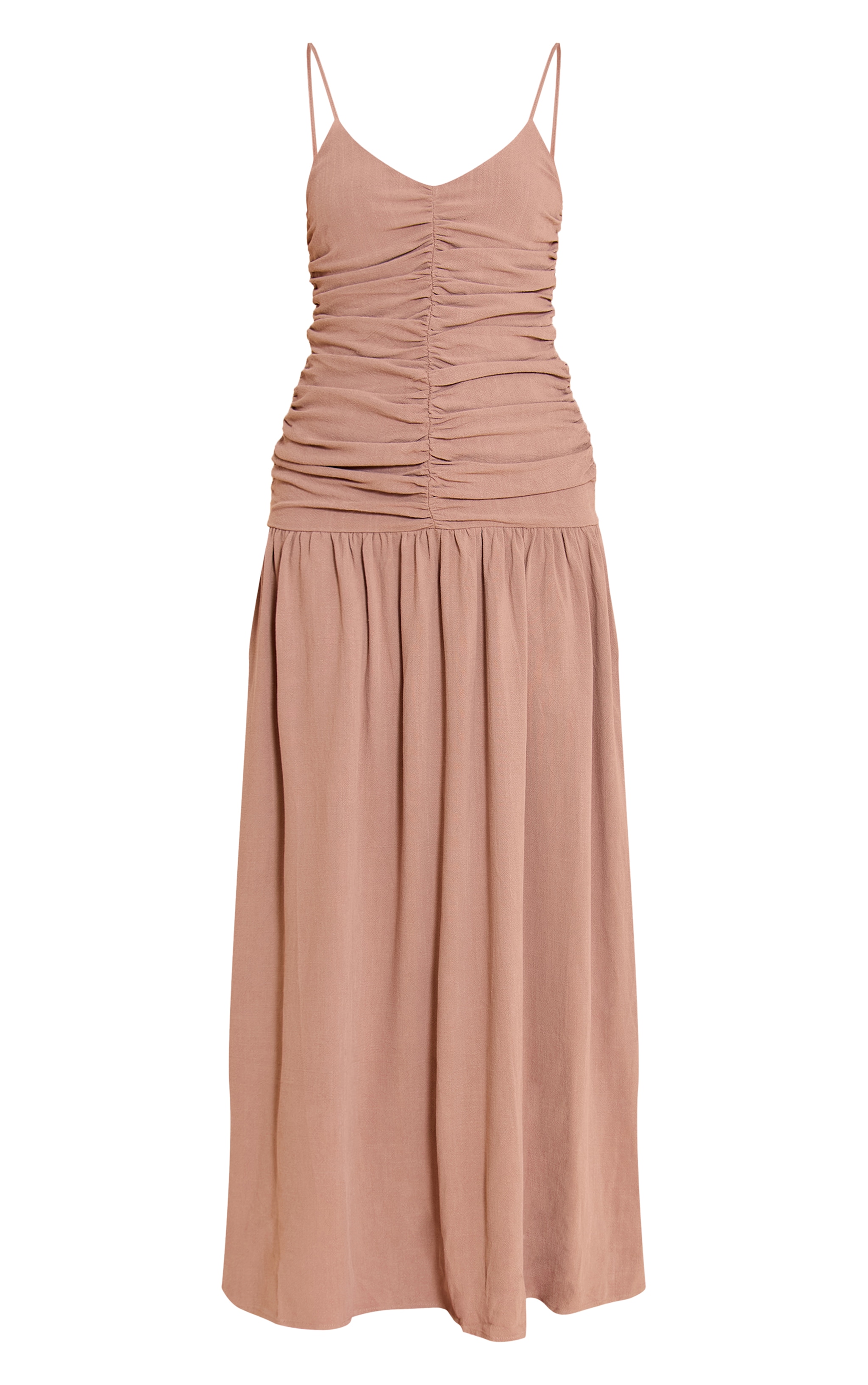 Taupe Textured Woven Ruched Detail Dropped Hem Maxi Dress image 5