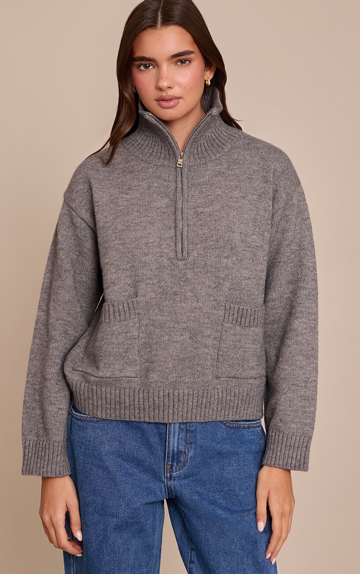 Charcoal Quarter Zip Knit Funnel Neck Jumper image 4