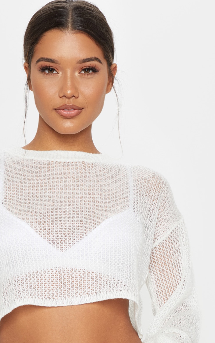 Cream Laguna Knitted Wide Sleeve Cropped Jumper PrettyLittleThing