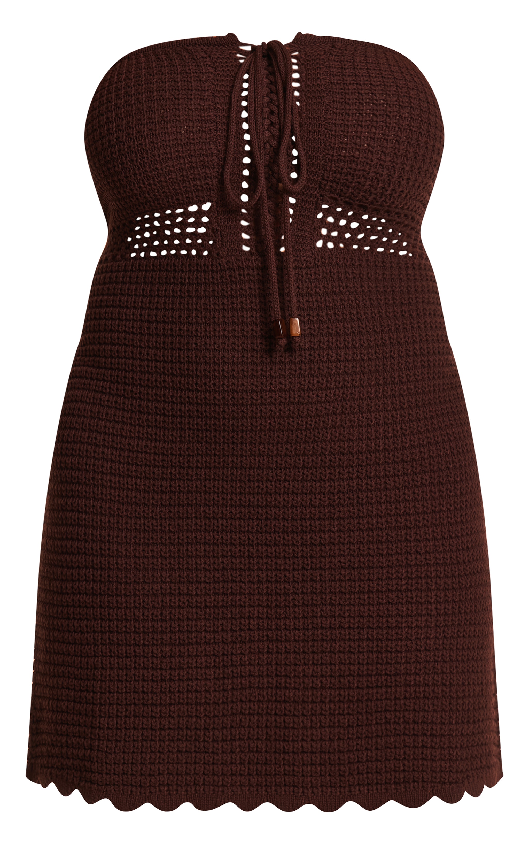 Plus Chocolate Crochet Knit Bandeau Front Tie Mini Dress image 5