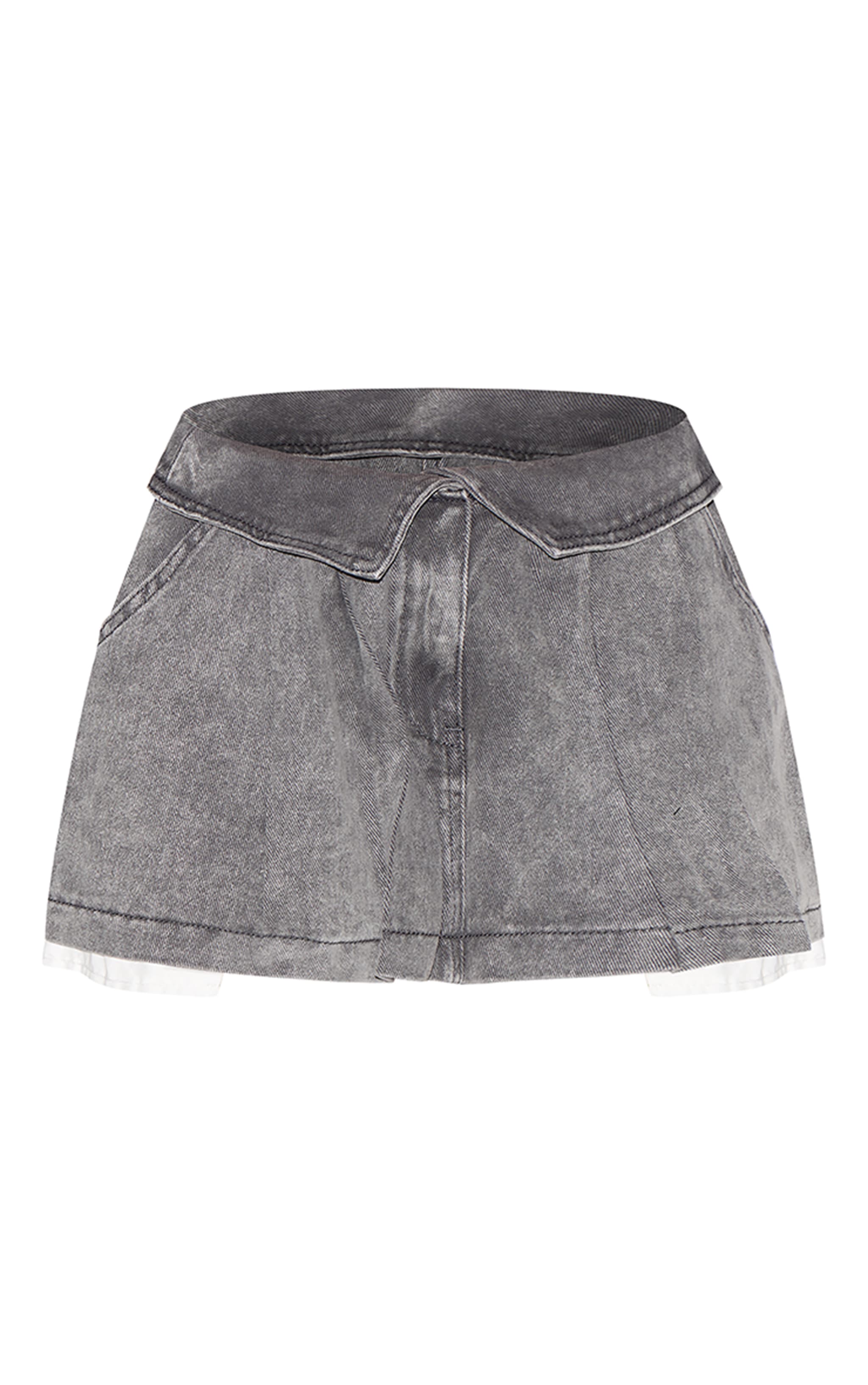 Grey Foldover Waistband Denim Pleated Mini Skirt | Denim