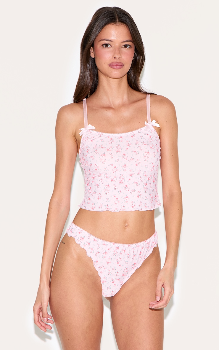 Pink Ribbed Floral Cami and Thong Lingerie Set image 4