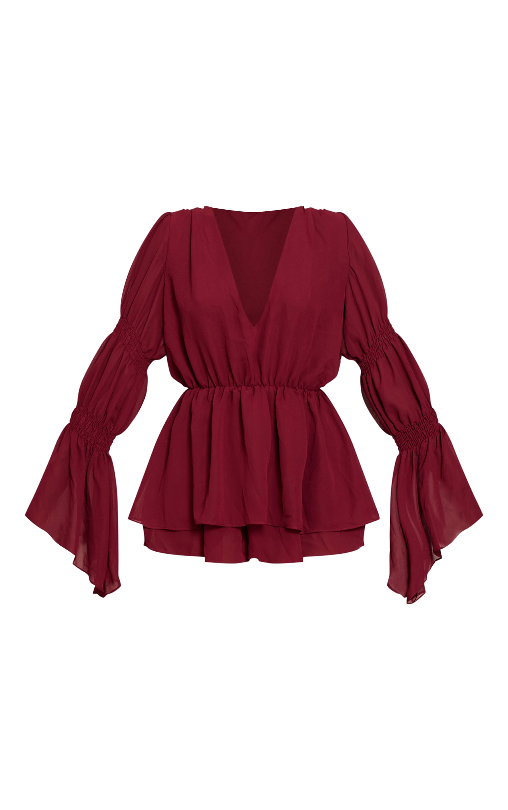 Burgandy Chiffon V Neck Long Ruched Sleeve Romper image 5