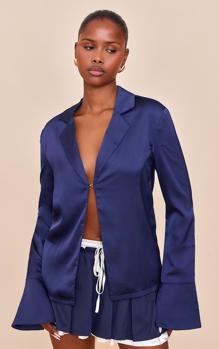 Navy Satin Hook And Eye Detail Oversized Shirt image 1