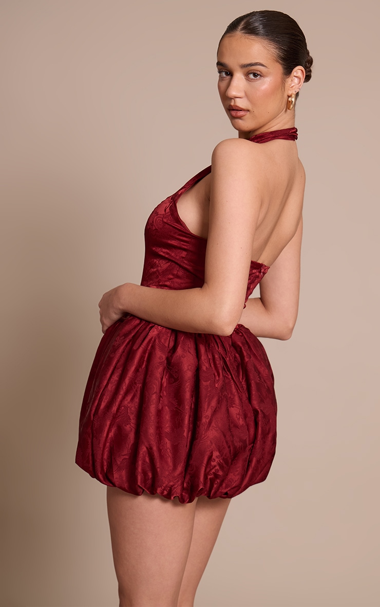 Burgundy Woven Jacquard Halterneck Puffball Dress image 2