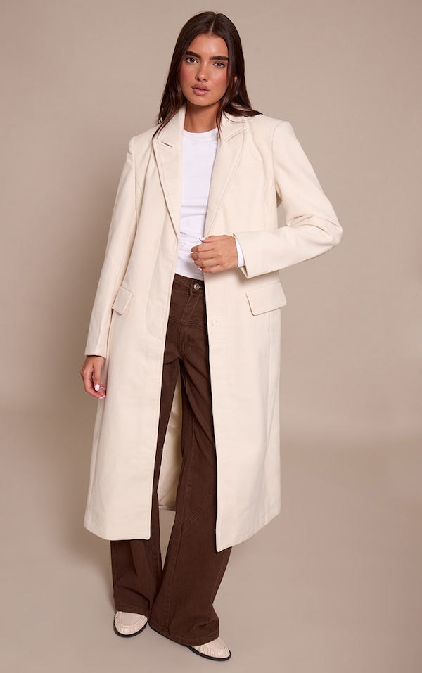 Cream Single Breasted Seam Detail Wool Look Maxi Coat