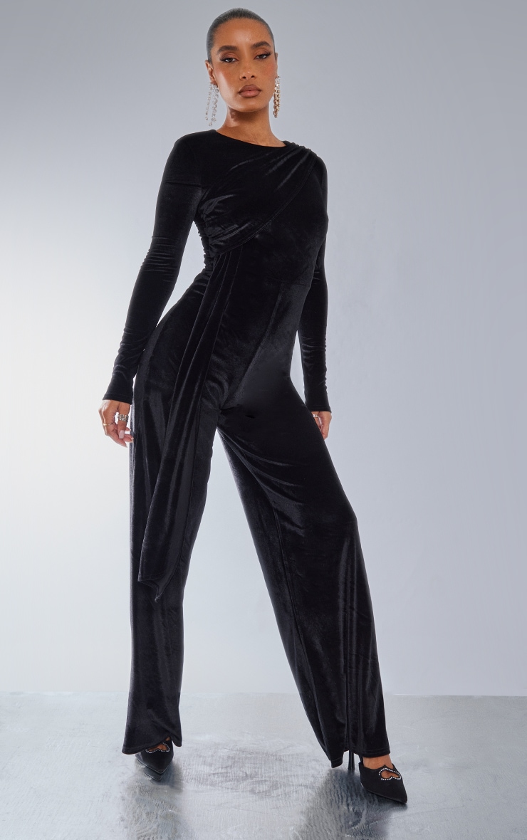 Black Velvet Wrap Drape Detail Wide Leg Jumpsuit image 3