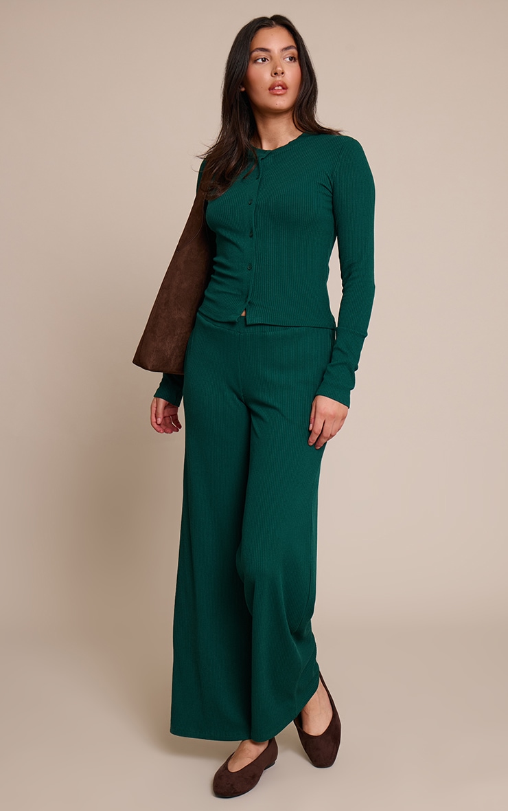 Dark Green Rib Long Sleeve Button Up Fitted Cardigan  image 3