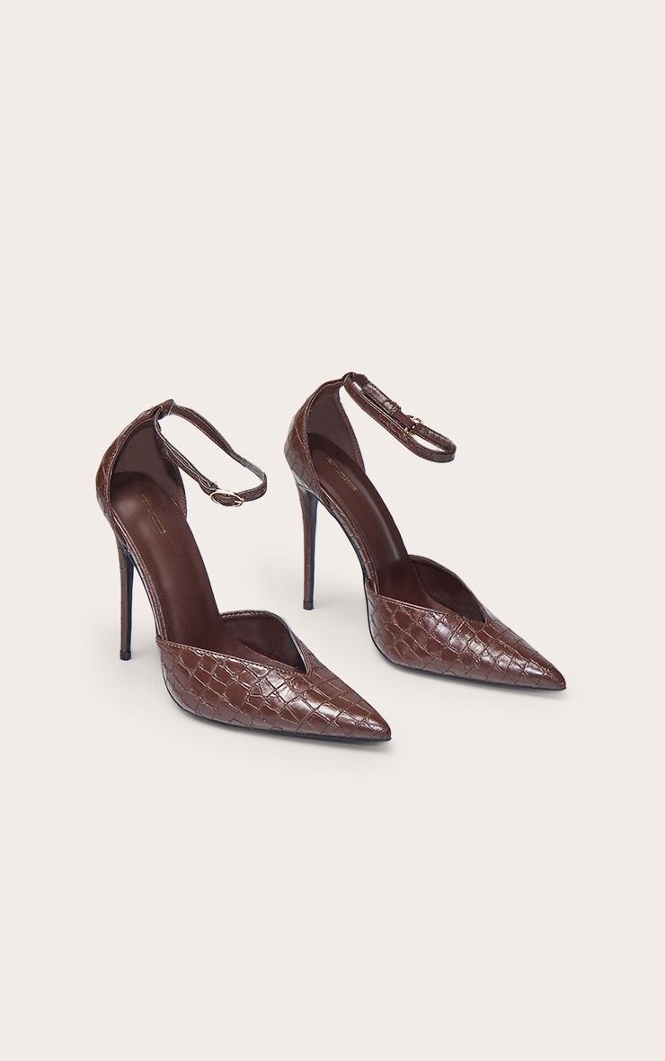 PLT Label Chocolate Brown Faux Croc Point Toe High Heeled Court Shoes image 2