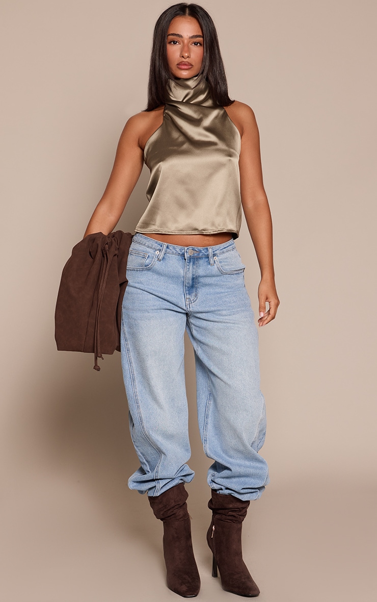 Petite Khaki Satin Halterneck Tie Top image 3