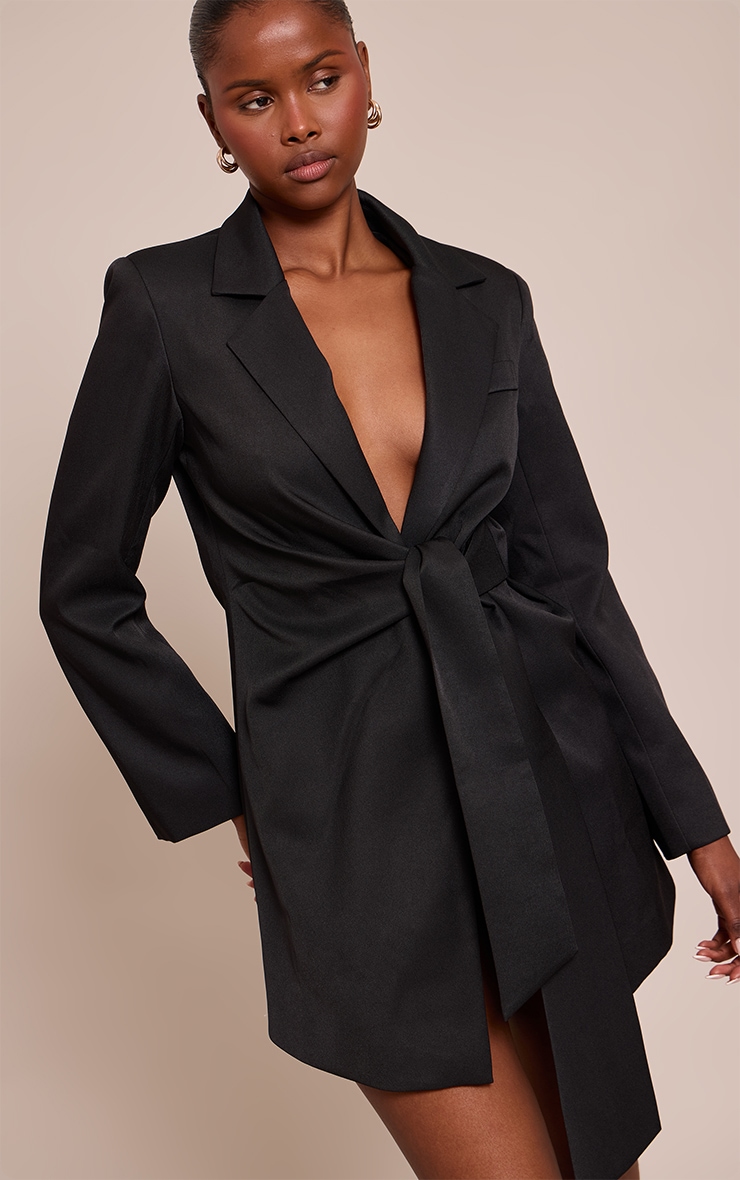 Black Woven Blazer Side Tie Mini Dress image 1