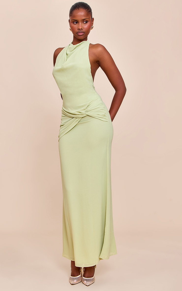 Robe longue en mousseline de soie citron vert pâle à détail torsadé image 3
