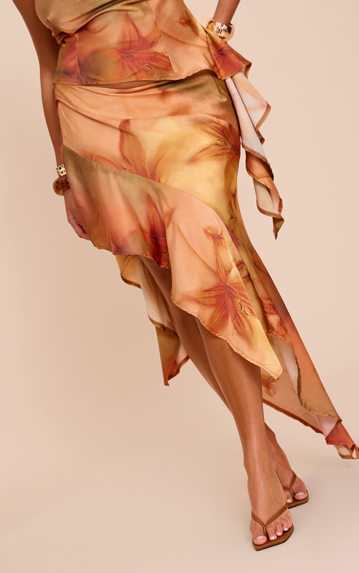 Plus Burnt Orange Printed Satin Asymmetric Ruffle Midi Skirt image 2