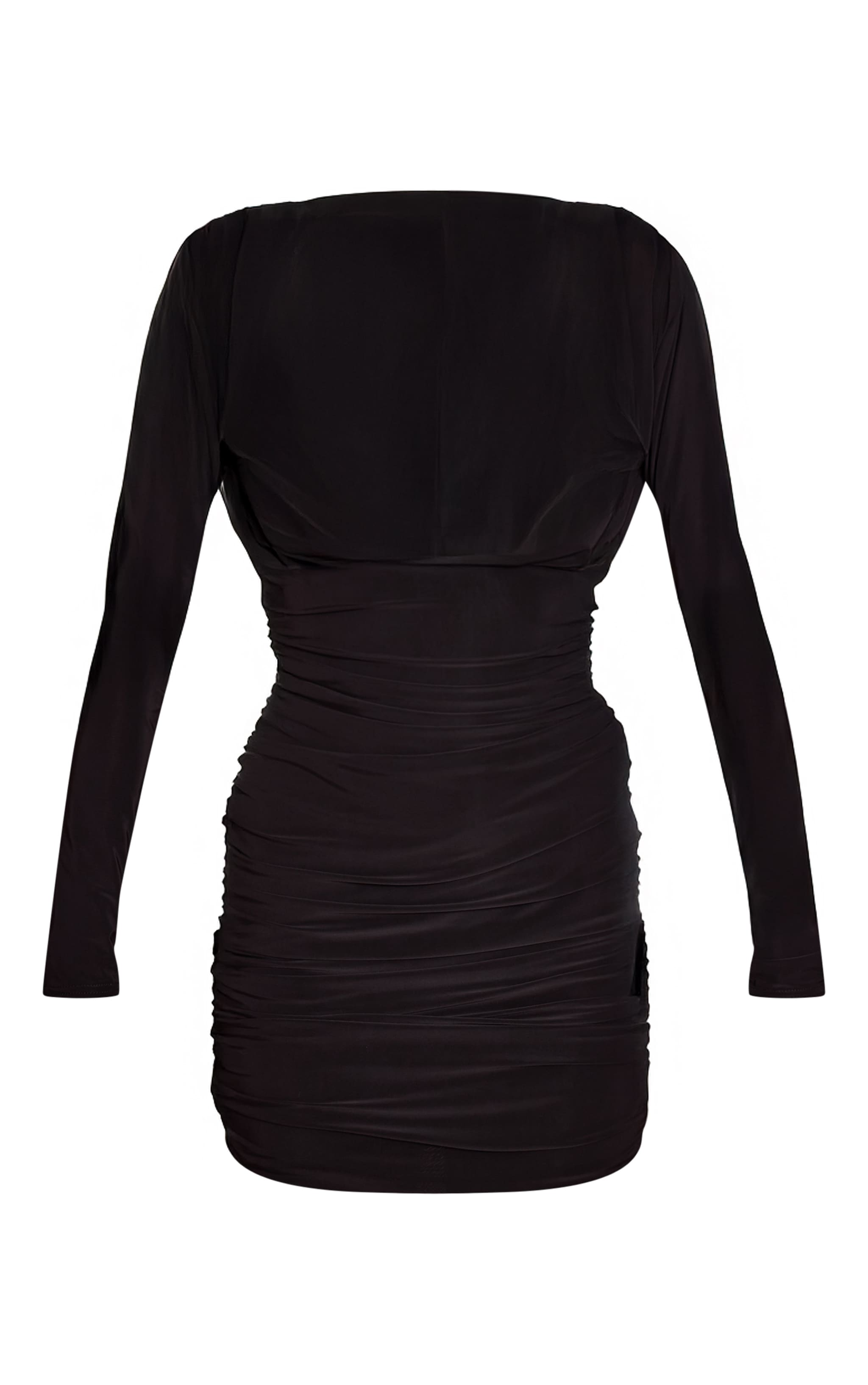 Black Double Layer Slinky Structured Long Sleeve Ruched Mini Dress image 5