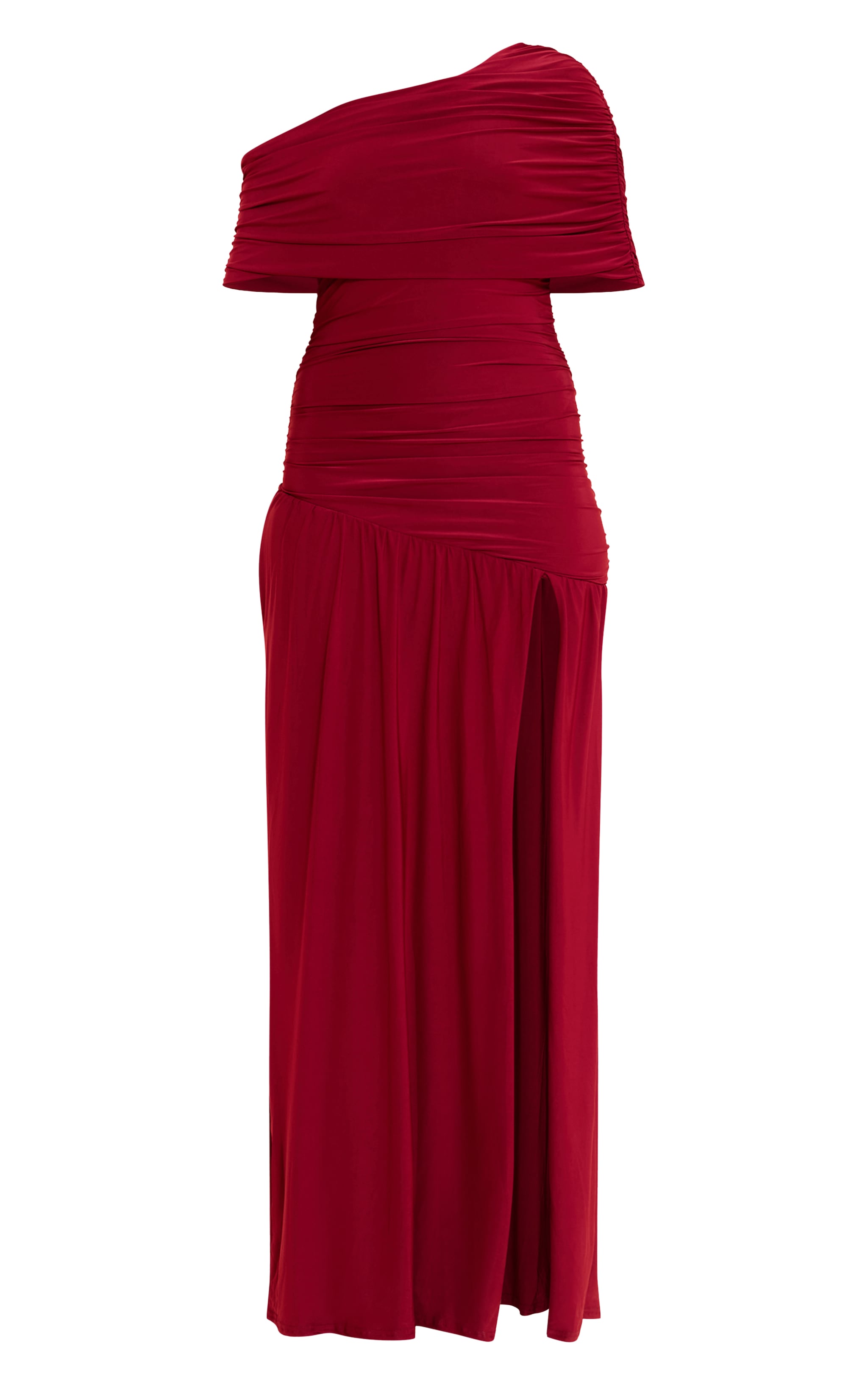 Burgundy Double Layer Slinky Bardot One Shoulder Ruched mi-longue Dress image 5