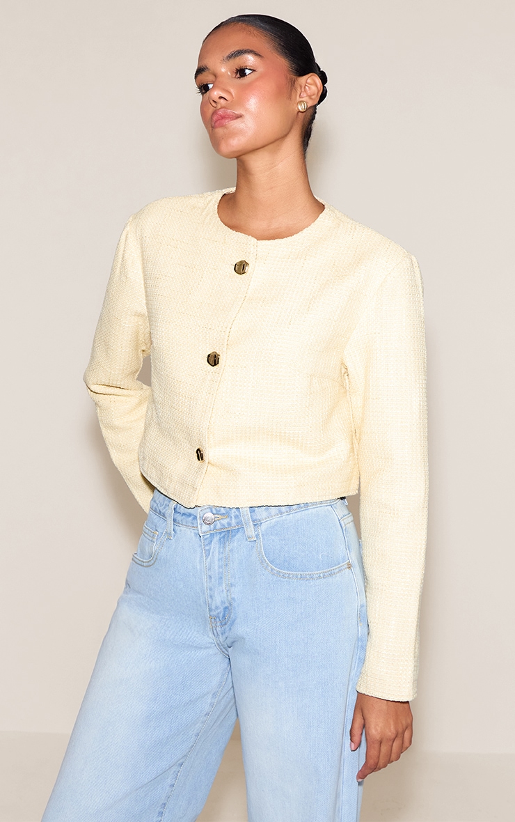 Butter Cream Cropped Button Up Tweed Collarless Jacket image 1