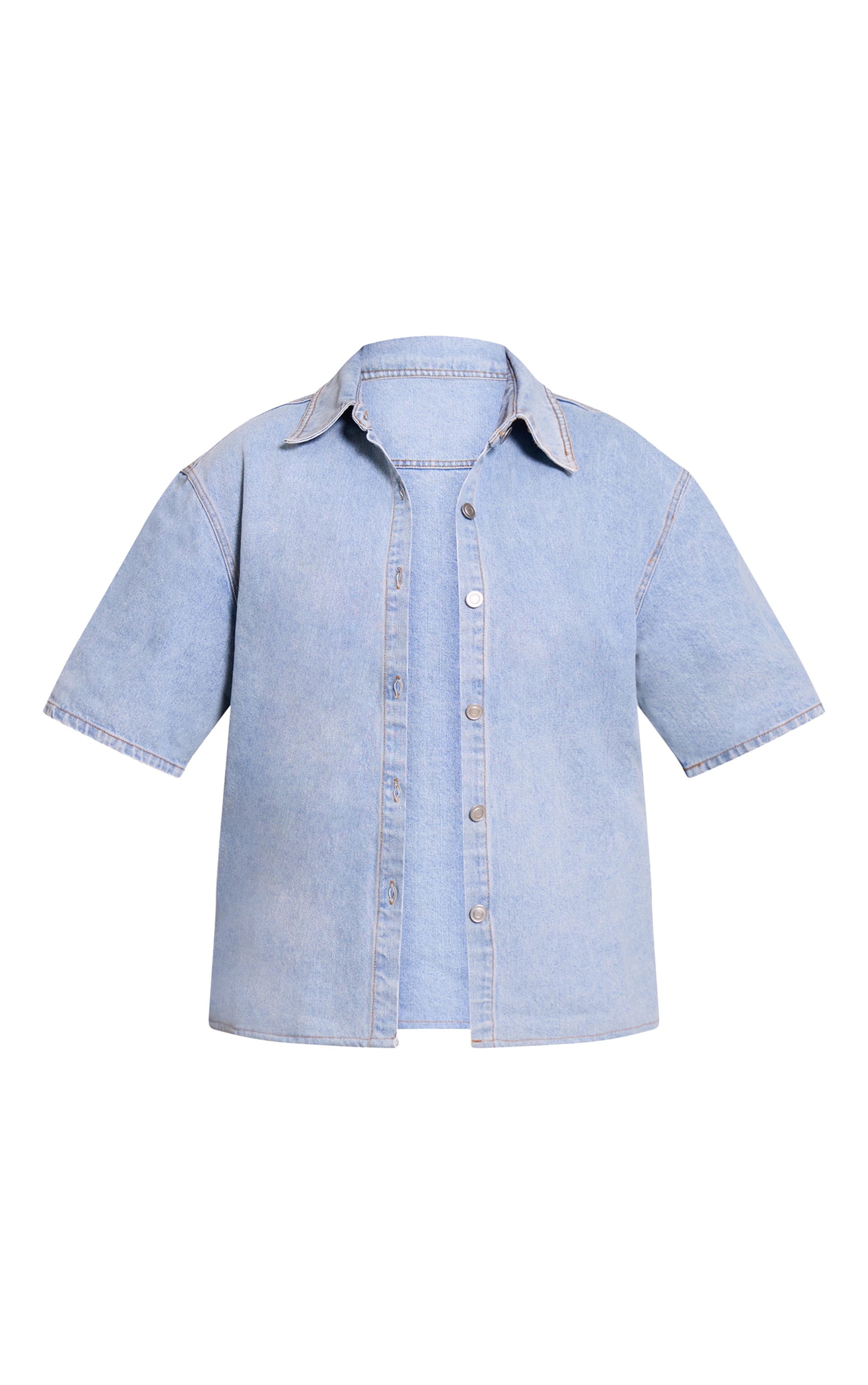 Plus Light Blue Wash Fabric Covered Button Detail Denim Shirt image 5