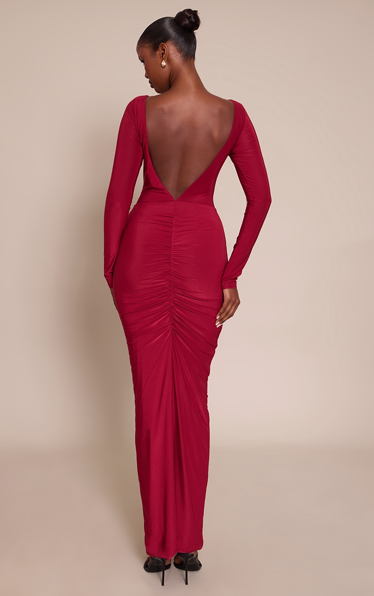 Wine Slinky Ruched Low Back Maxi Dress Dresses PLT KSA