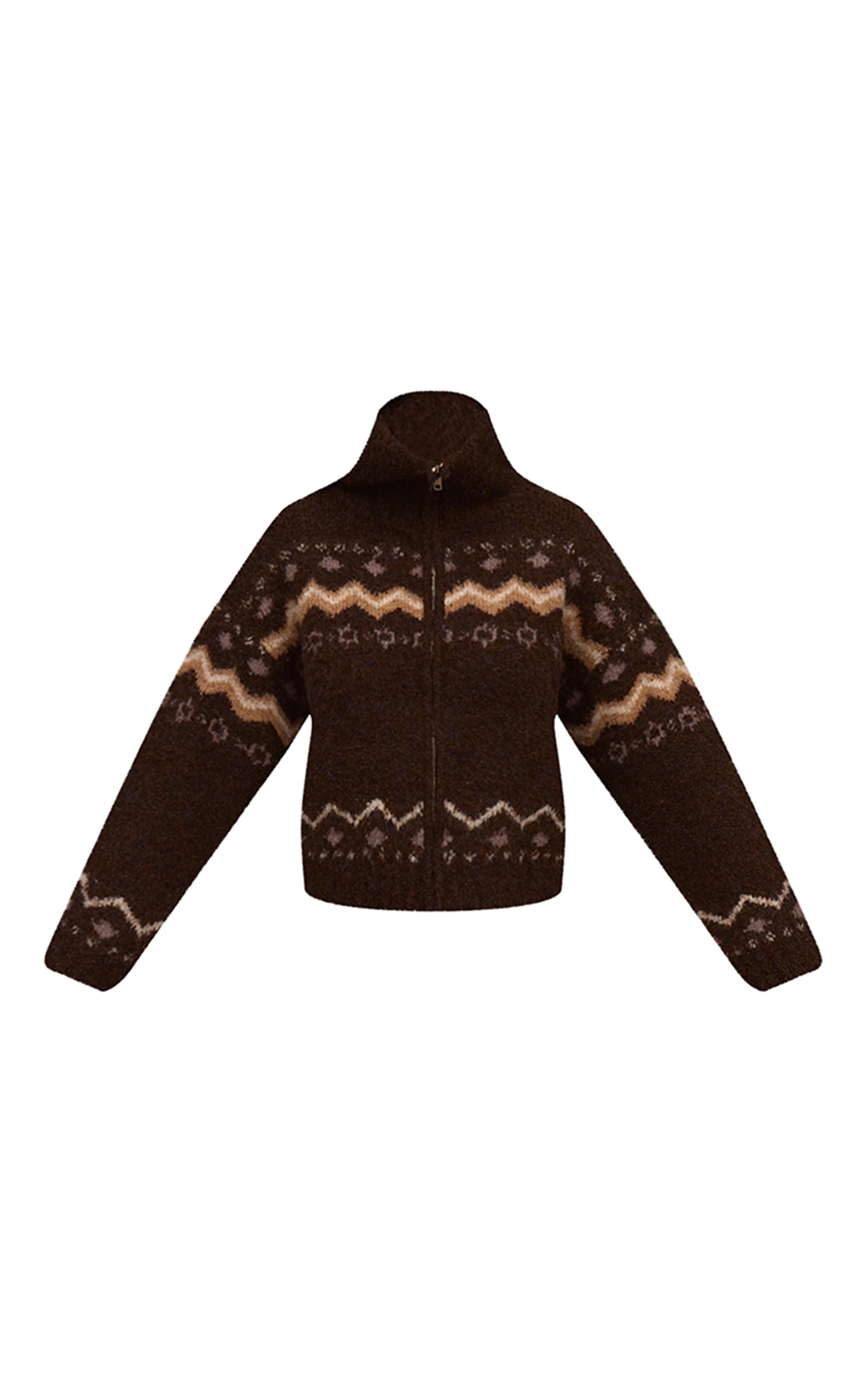 Brown Fairisle Zip Knit Cardigan image 5