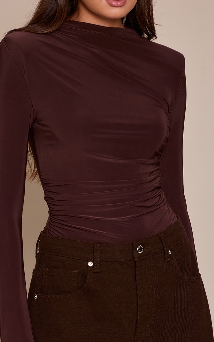 Deep Chocolate Double Layer Slinky Ruched Drape Detail Long Sleeve Bodysuit image 4