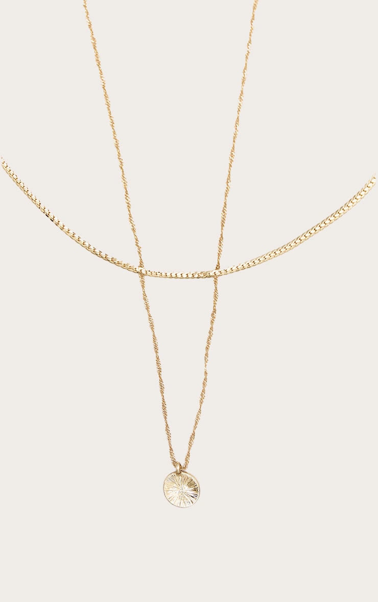 Gold Circle Pendant Layered Twist Chain Necklace image 1