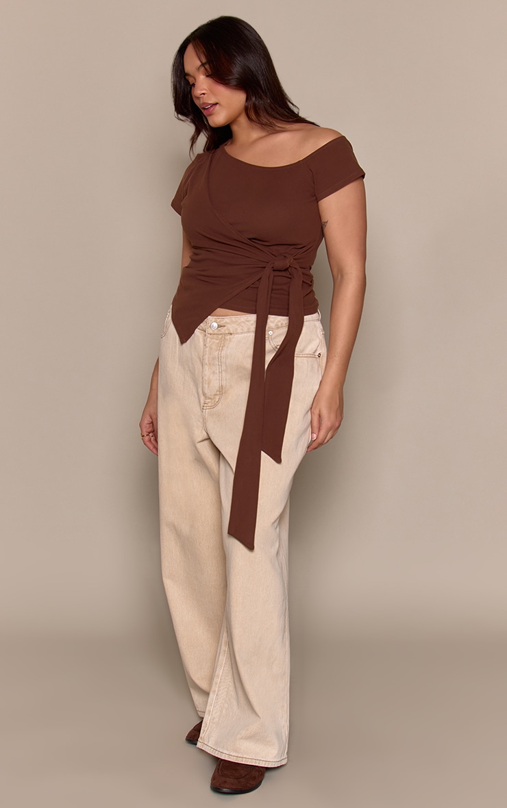Plus Chocolate Soft Touch Tie Waist Off Shoulder Tshirt image 3