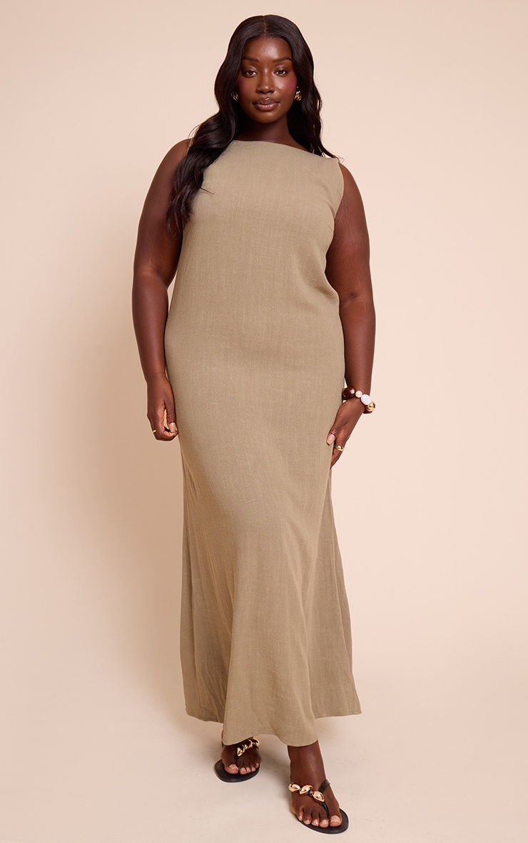 Plus Khaki Textured Boat Neck Low Back Maxi Dress image 1