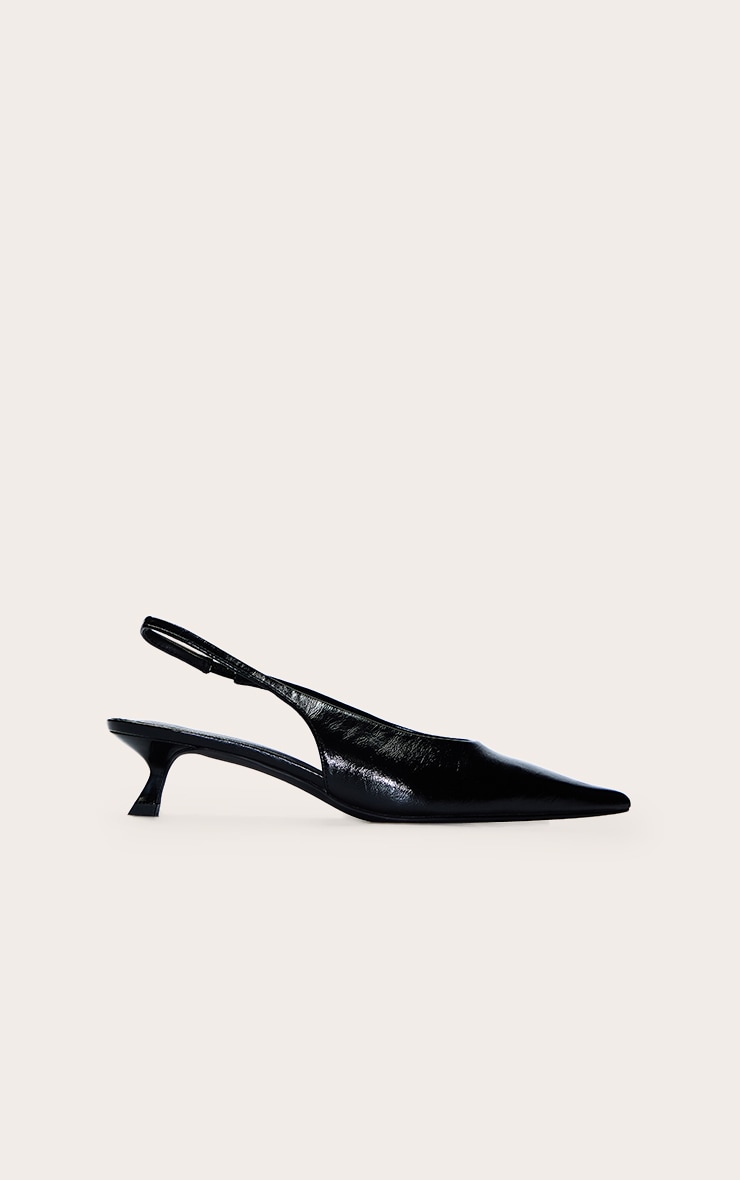 Black Crinkle Pointed Toe Kitten Heel Sling Back image 2