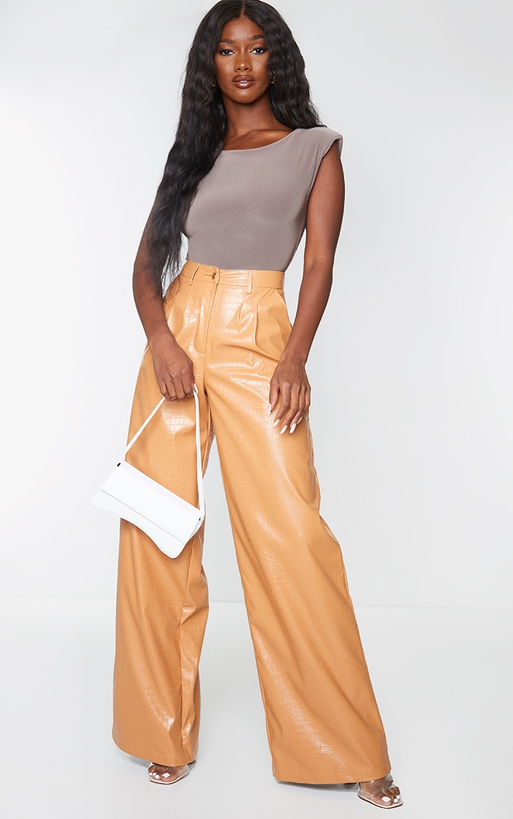 Camel Croc Faux Leather Wide Leg Pants