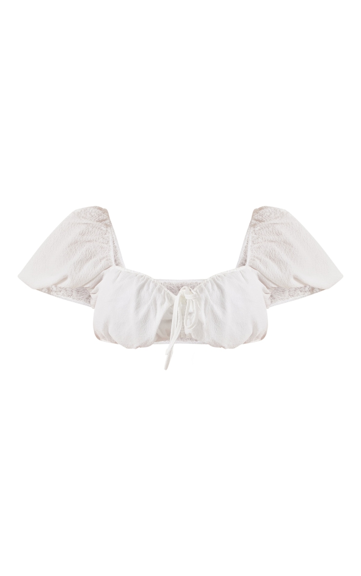 White Textured Puff Sleeve Ruched Front Crop Top image 1