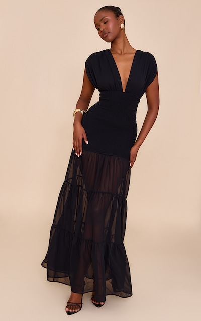Black Chiffon Shirred Tiered Maxi Dress