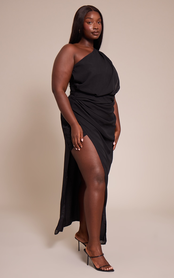 Plus Black Chiffon One Shoulder Maxi Dress image 3