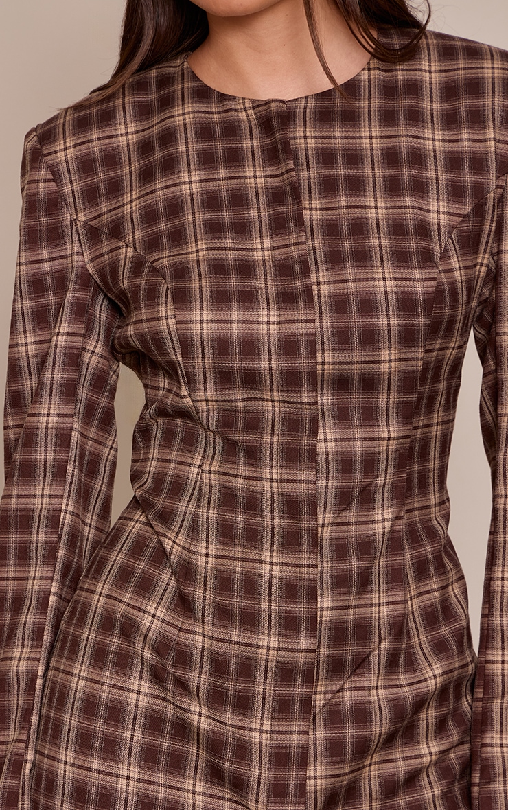 Brown Check Shoulder Pad Blazer Dress image 4