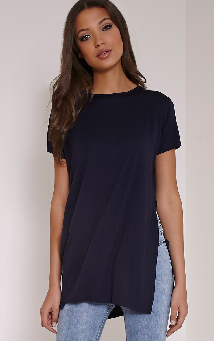 Basic Navy Side Split TShirt Shirts PrettyLittleThing