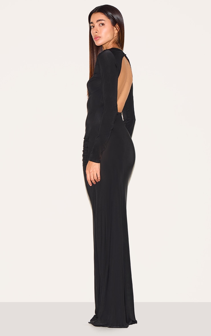 Black Slinky Long Sleeve Open Back Maxi Dress image 2