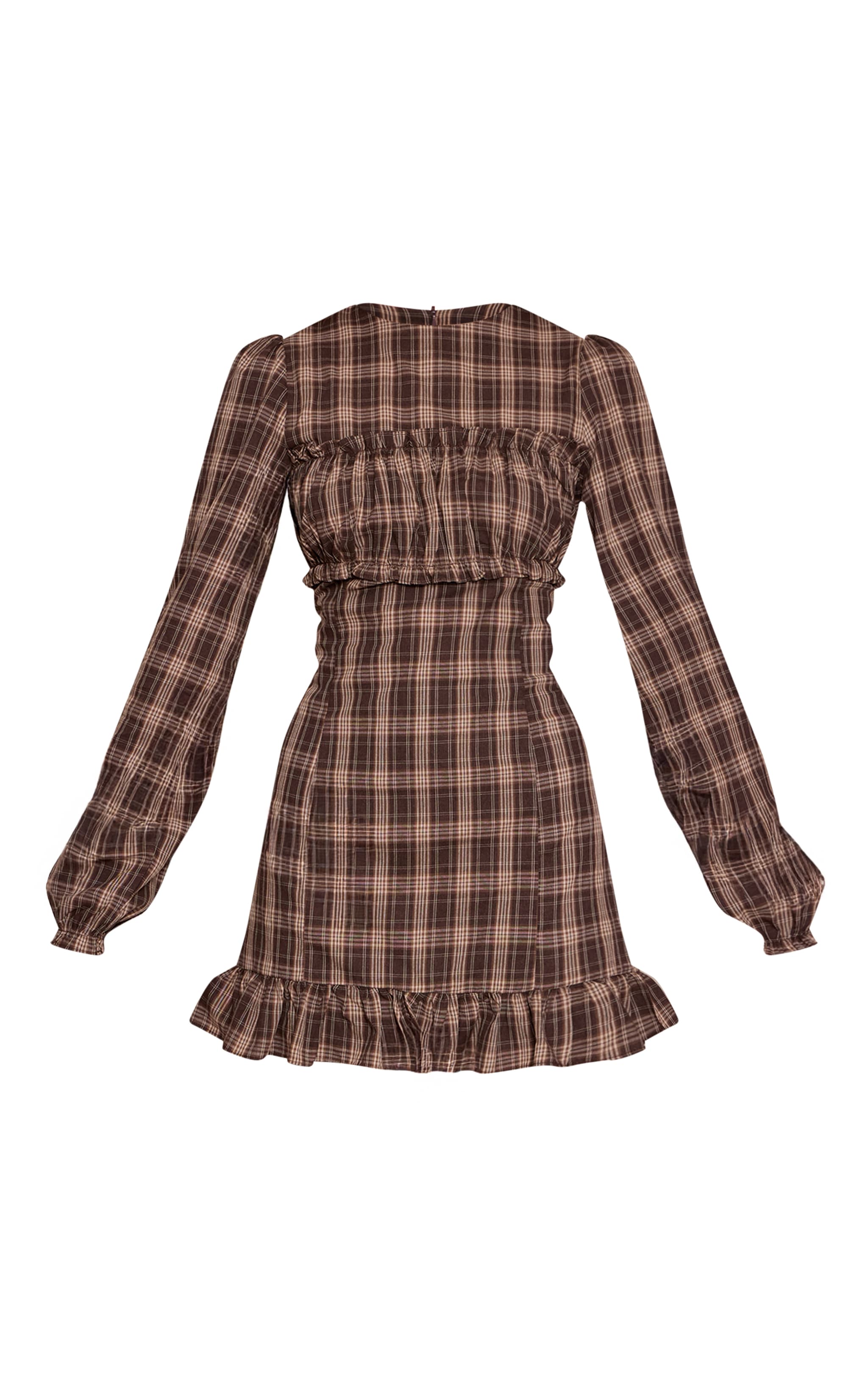 Khaki Check Ruched Bust Long Sleeve Shift Dress image 5
