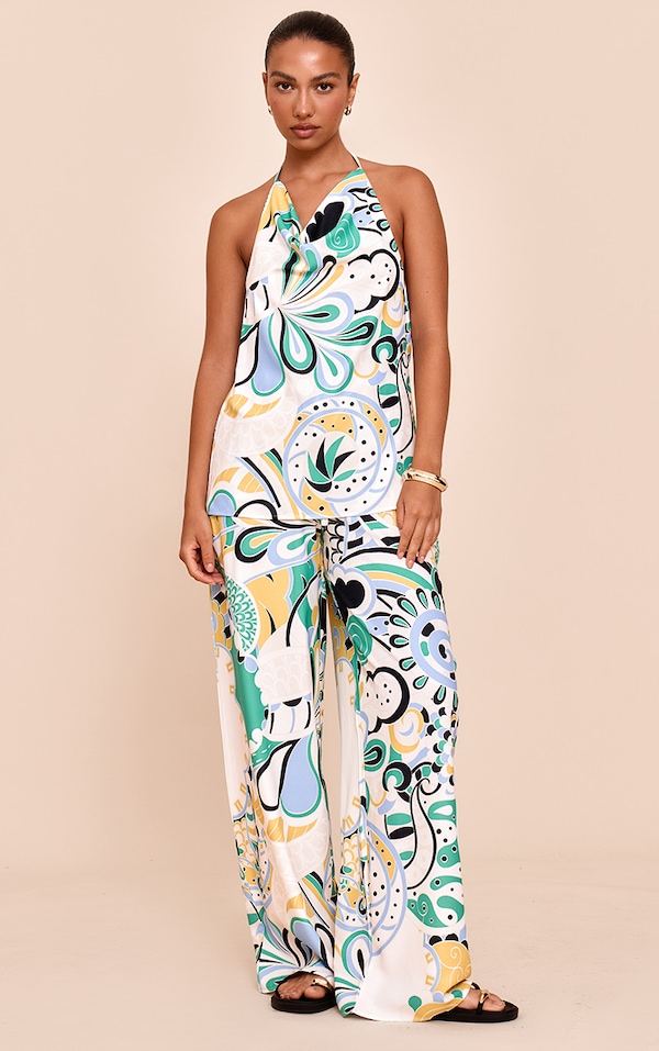  Multi Abstract Print Woven Floaty Wide Leg Pants